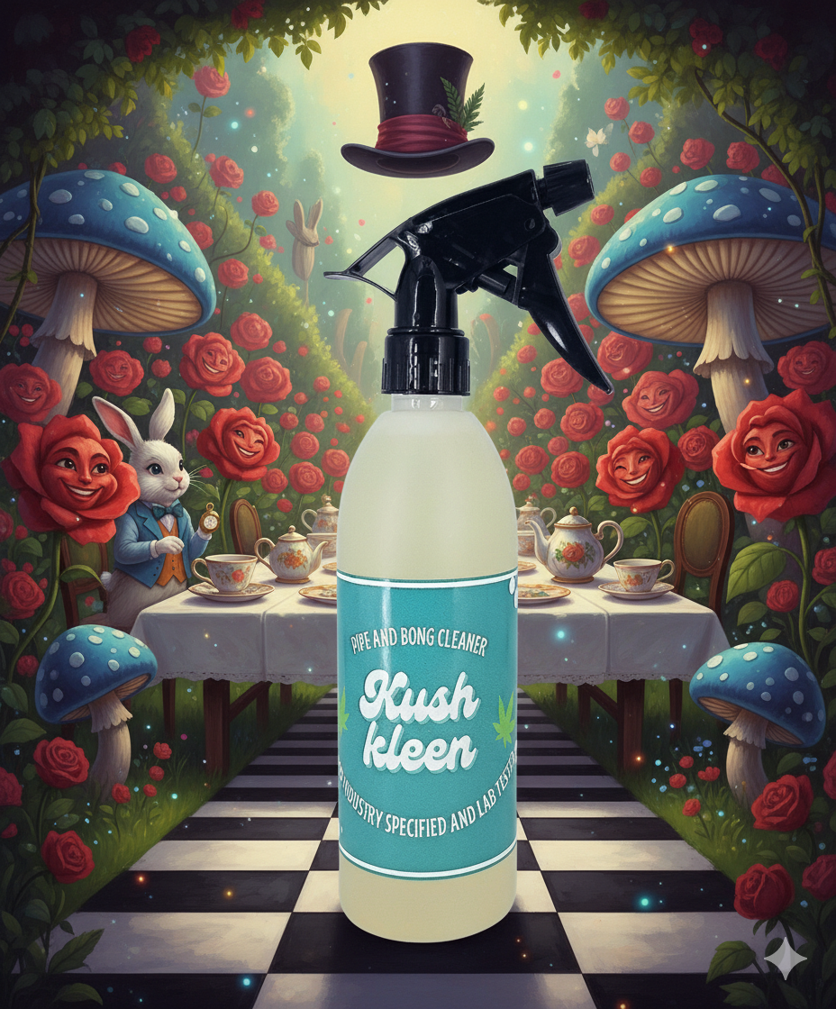 A bottle of Kush Kleen pipe and Bong cleaner spray centered in front of a whimsical Alice in Wonderland scene with mushrooms, roses, a teacake table, and a rabbit. The bottle has a black spray top and a turquoise label with white text and 2 green canabis leafs on either side of the name Kush Kleen.