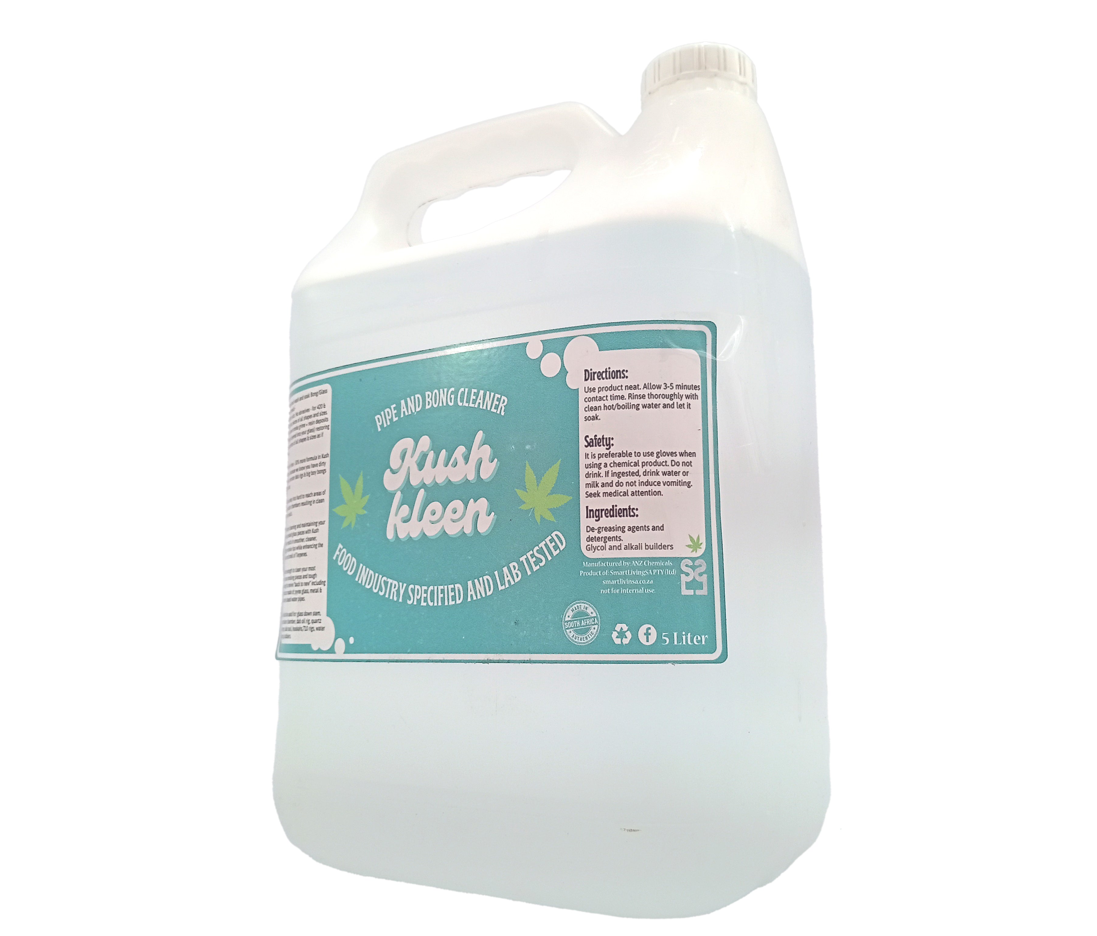 A 5-liter plasticbottleof Kush Kleen pipe and bong cleaner, featuring a teal and white label with product details, on a plain white background.
