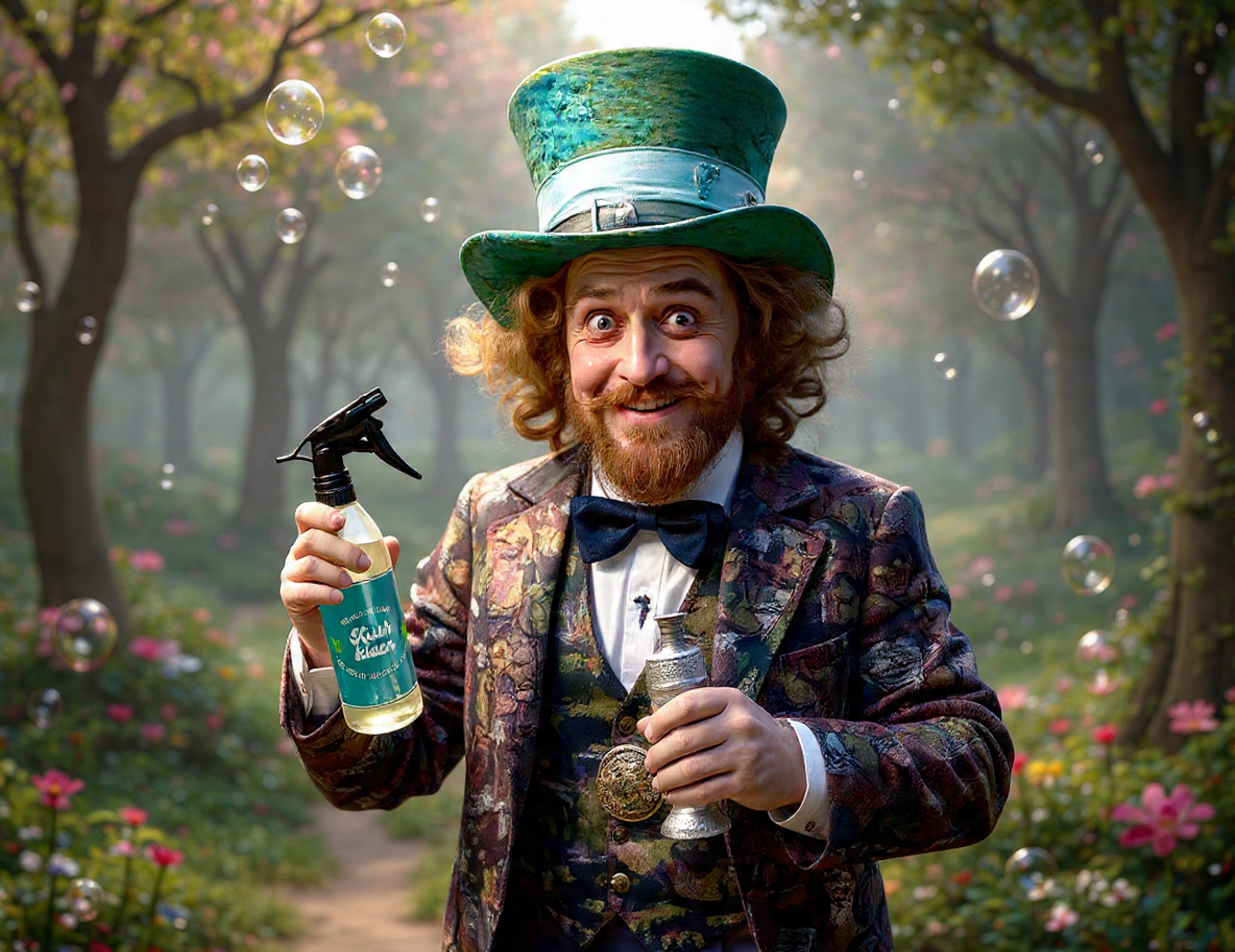 A man dressed as the Mad Tea Party character stands in a whimsical garden with trees and floating bubbles, holding a spray bottle labeled 'Kush Kleen' and a silver bong.