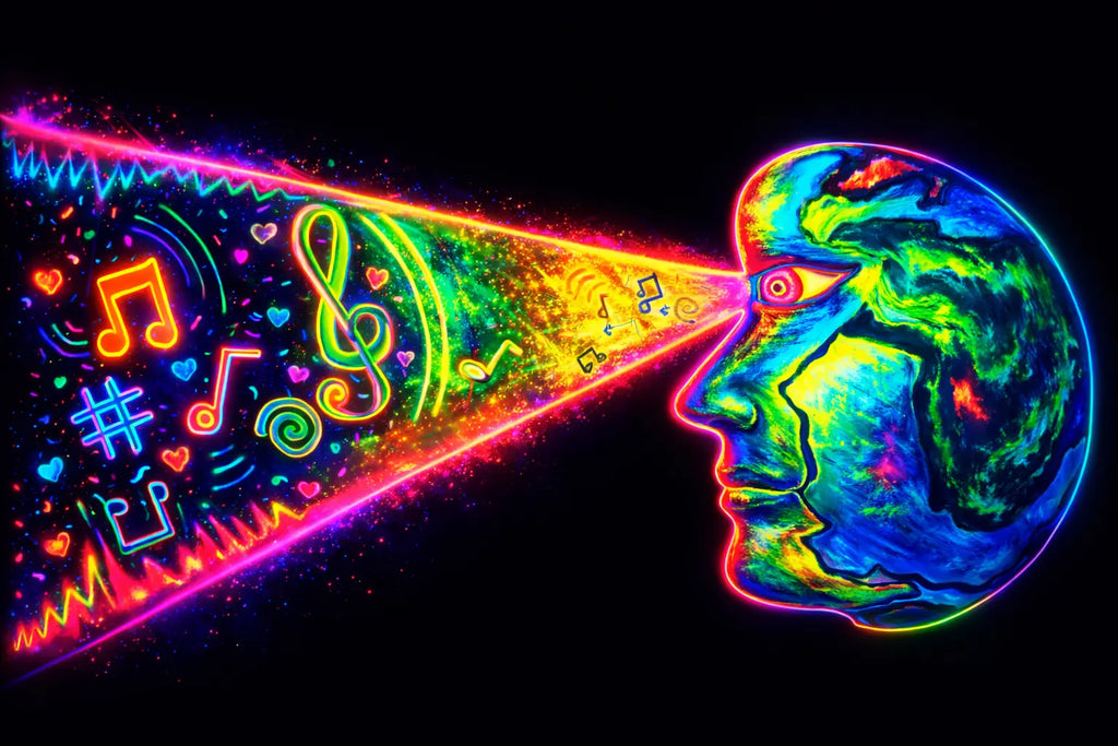 Vibrant neon artwork showing a human head in profile with colorful musical notes and symbols radiating from the eye, set against a black background.