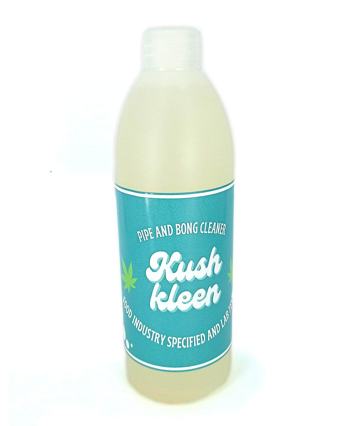 A bottle of Rush Kleen Pipe and Bong Cleaner with a teal label and white cap, shown on a white background.